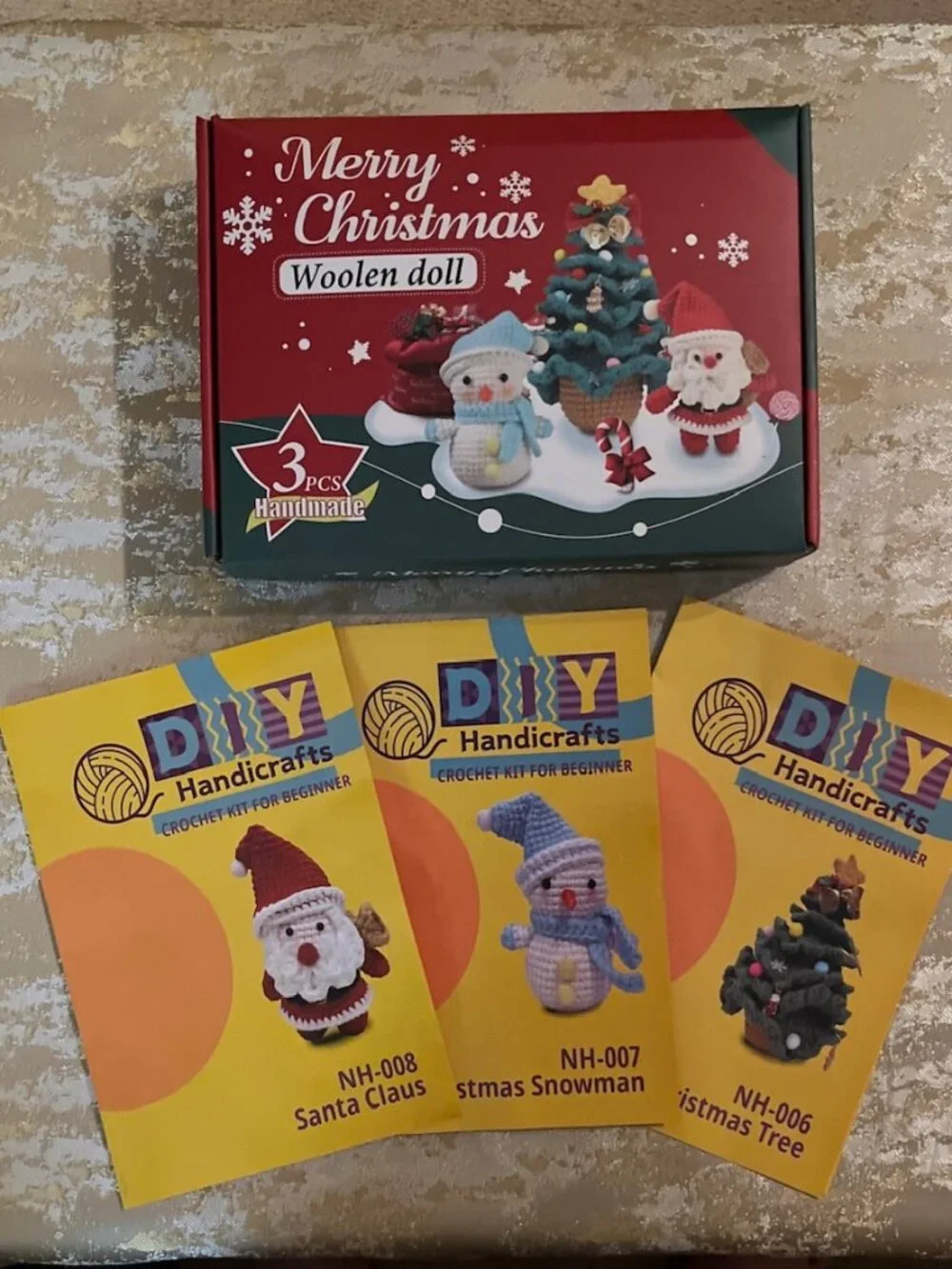 DIY Woolen Doll Crochet Kit 3 pcs Santa Snowman Tree Christmas Gift Adults Kids